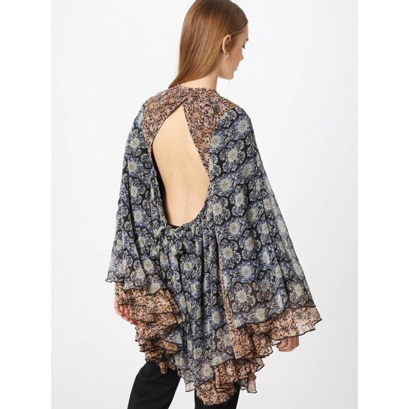 Free People Gabi Tunic Mini Dress/Top Blue Floral Retro Dramatic Hippie XS - Picture 2 of 10